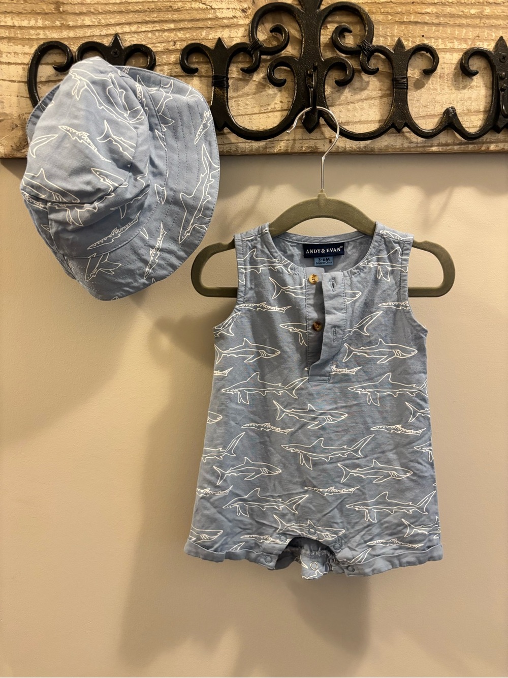 Andy & Evan Light Blue Shark Romper with Wooden Buttons
